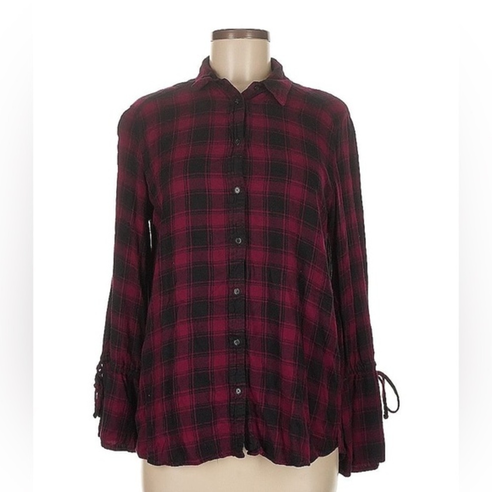 2/$25 Express Burgundy Buffalo Plaid Lightweight Bell Sleeve Flannel Button Down